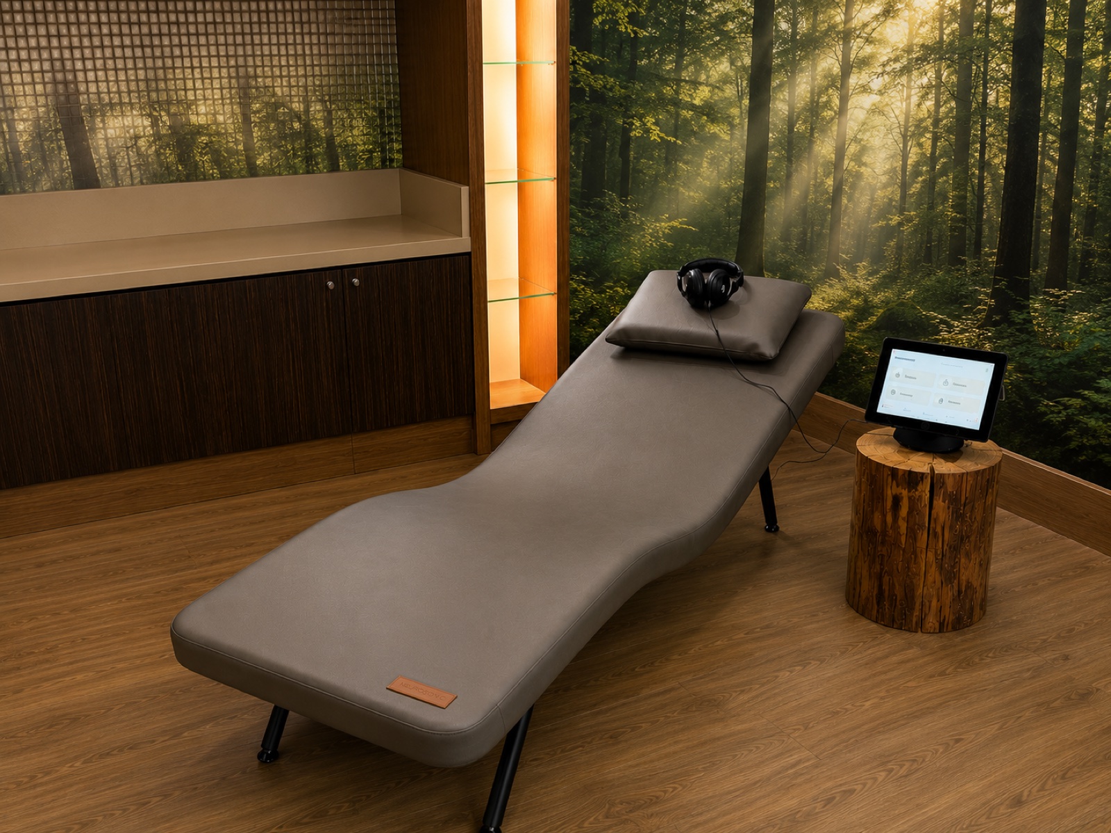 Neurosonic recovery lounger with headphones in a calm forest-view room